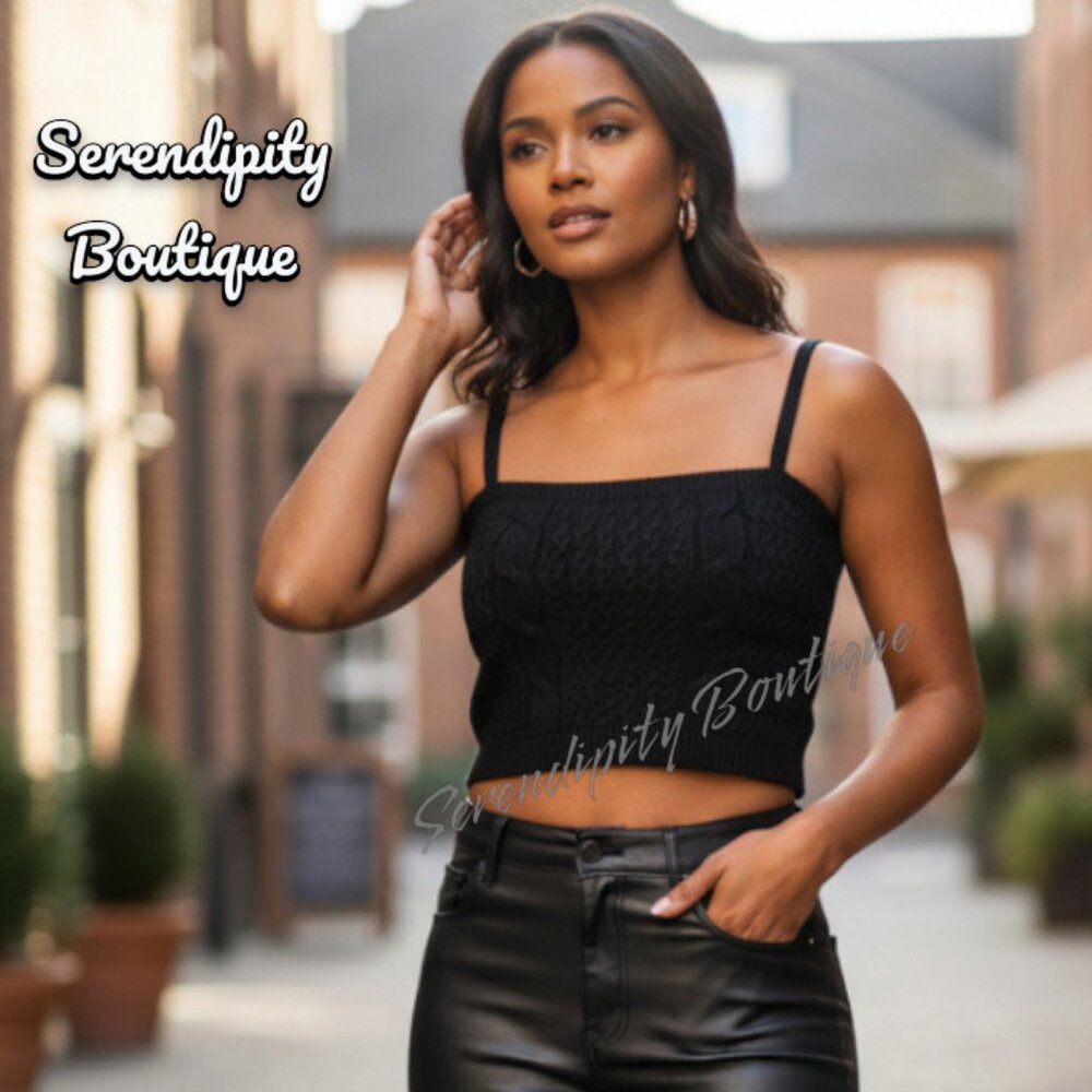 Boho Moto Chic Sexy Thick Cable Knit Cami Strap Soft Cozy Black Crop Top Sweater